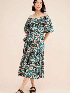 Mirth Capri Floral Off Shoulder Midi Dress Belted Puff Sleeve Resort Dress Small